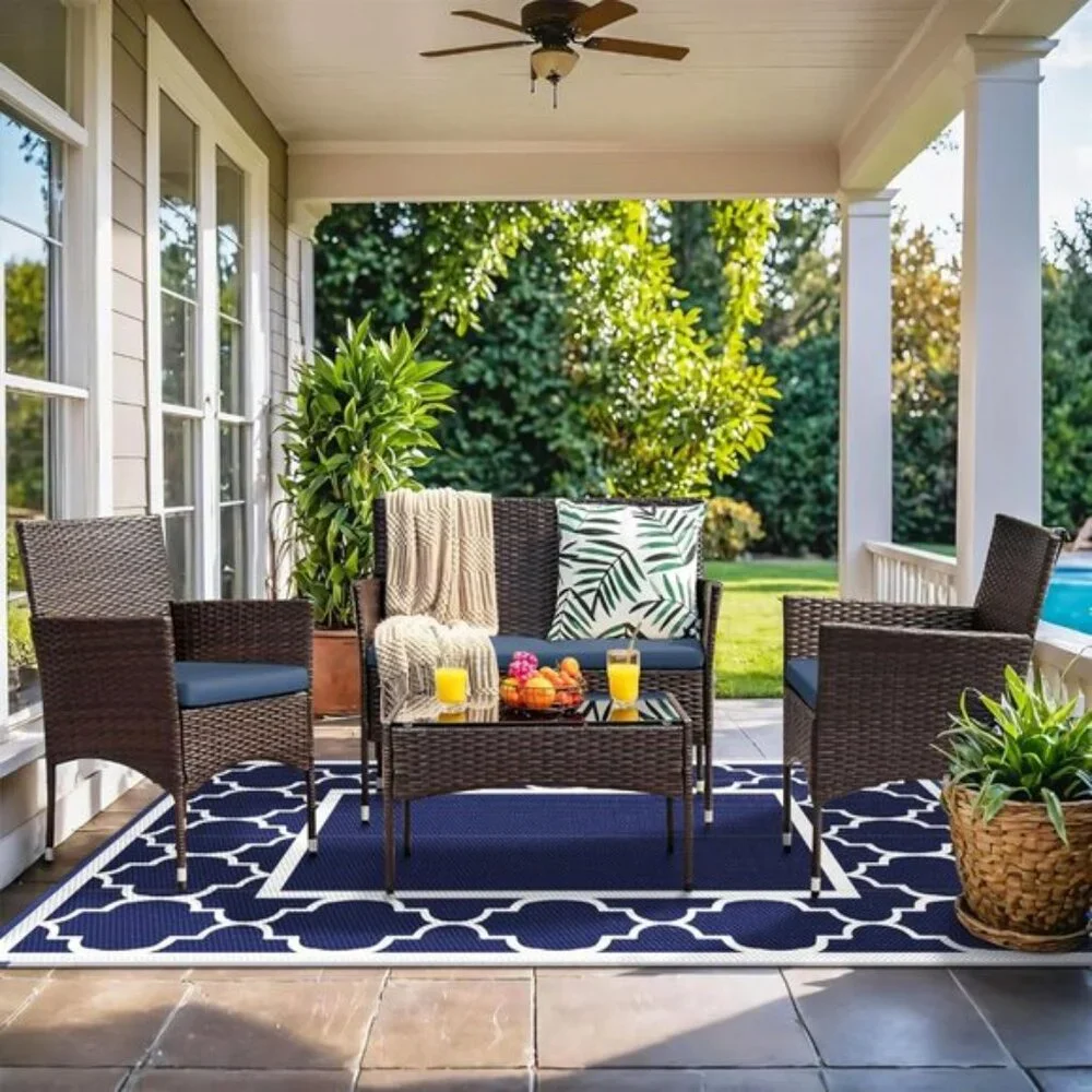 New 5x8 Outdoor Rug, Waterproof Reversible Blue White Mat for Patio & Camper